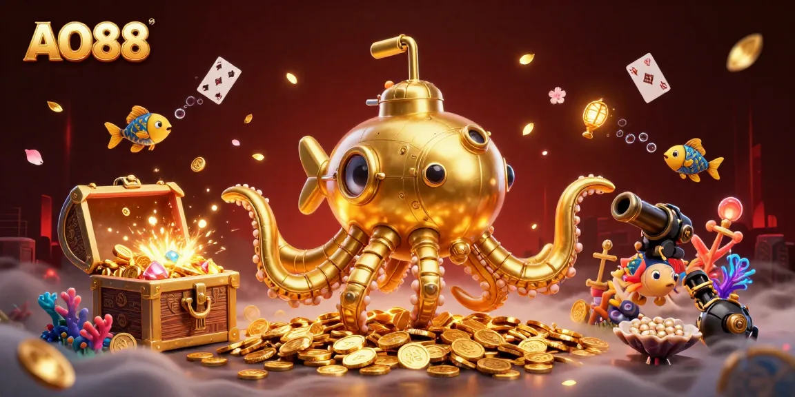 Engage with exciting AO88 games in a vibrant underwater casino scene filled with treasures.