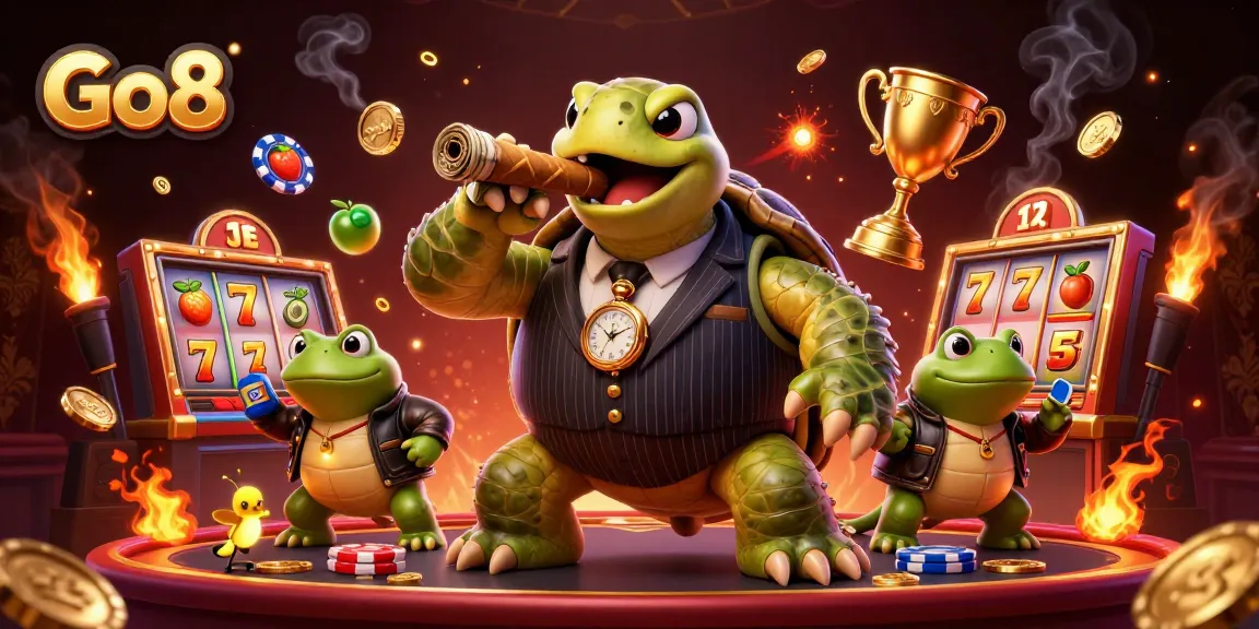 Go8 showcases a vibrant cartoon turtle in a gambling scene filled with dynamic slot machines and colorful casino elements.