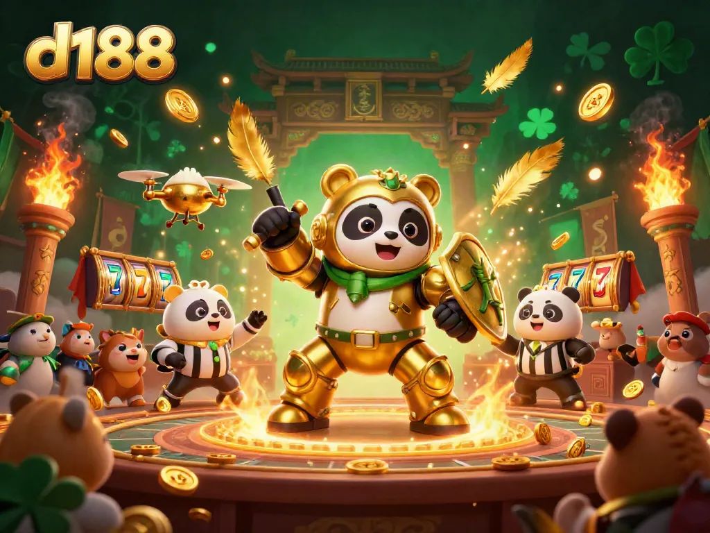 d188 casino gaming experience with a mech-suit panda and lively slot reels celebrating wins.