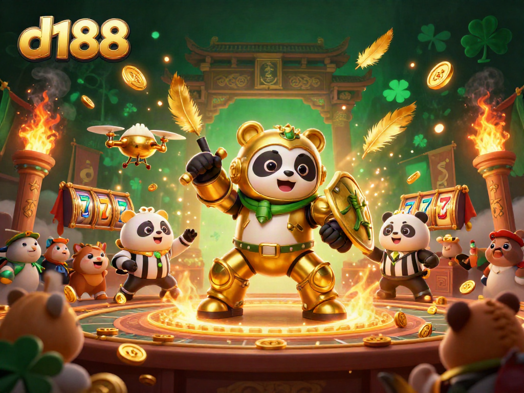 d188 casino gaming experience with a mech-suit panda and lively slot reels celebrating wins.