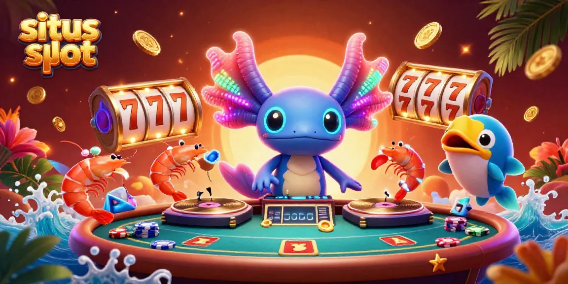 Gambarkan suasana ceria situs slot dengan DJ axolotl dan semangat meriah.