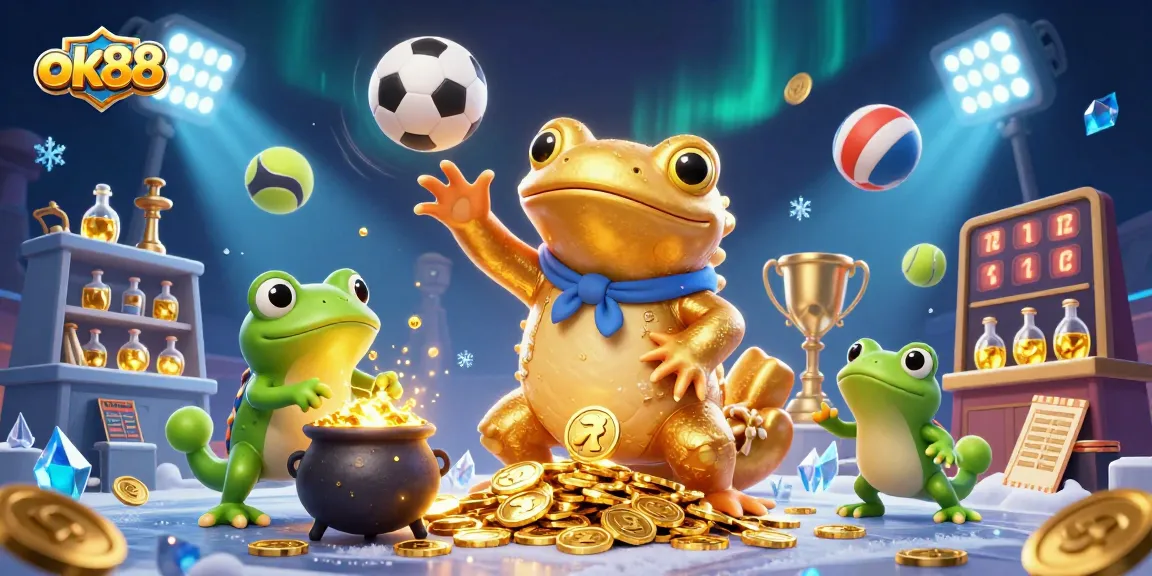 Engage with ok88's captivating casino world through a dynamic scene of animated characters and sports elements.