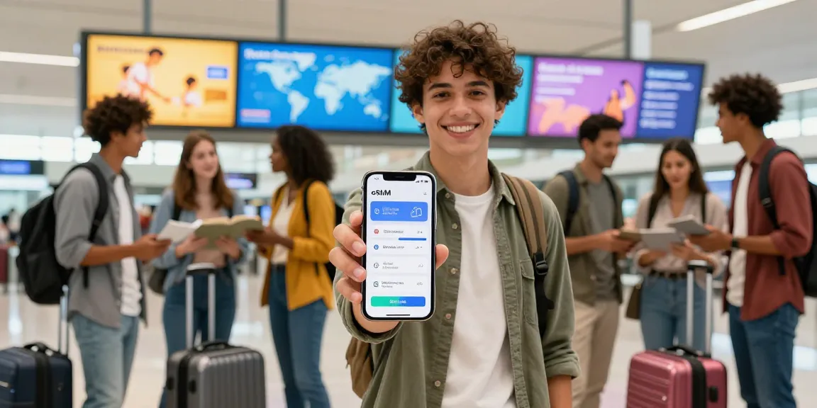 הצעיר בטרמינל עם eSIM לחו"ל כדי להתחבר בקלות
