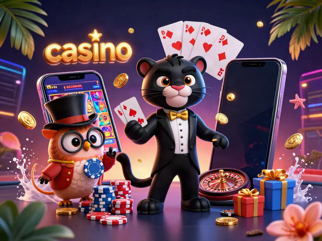Experience thrilling casino action with a black panther dealer, owl with poker chips, and mouse beside flashing slot games.