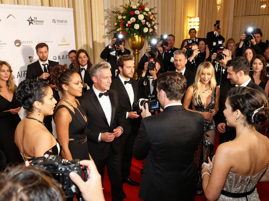 Celebrities that look alike interacting at a glamorous event surrounded by red carpet and elegant decor.
