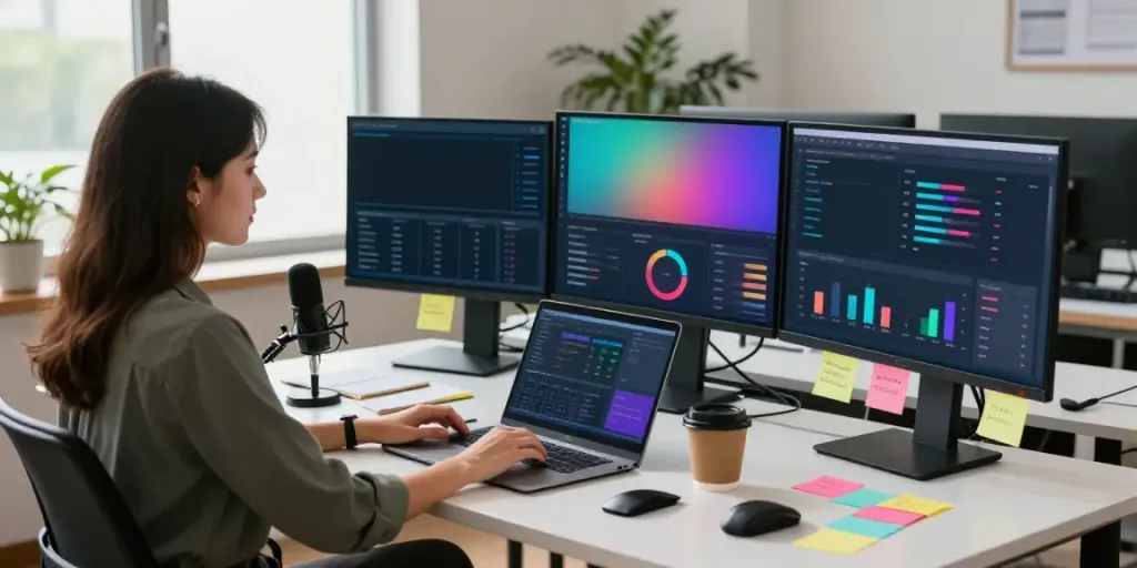 Digital marketer analyzing instant indexing metrics in a vibrant tech workspace.