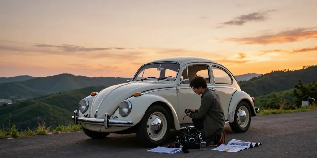 Classic Volkswagen air-cooled vehicle being serviced at sunset by http://www.aircooledapps.com enthusiast in a scenic outdoor setting.