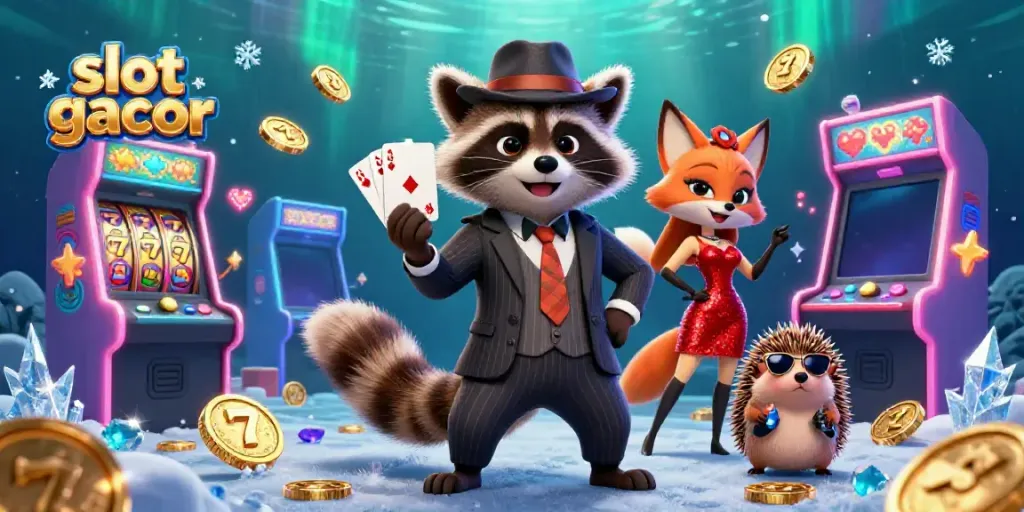 Experience excitement with the raccoon character showcasing a royal flush among vibrant slot gacor elements.
