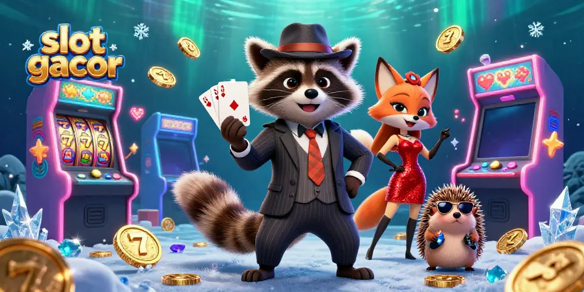 Experience excitement with the raccoon character showcasing a royal flush among vibrant slot gacor elements.