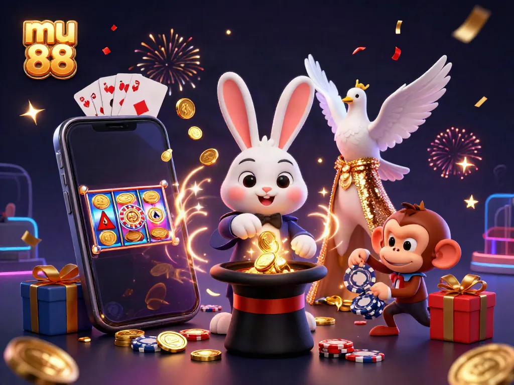 Experience the magic of mu 88 with a vibrant illustration of a magician rabbit and friends in an exciting casino environment.