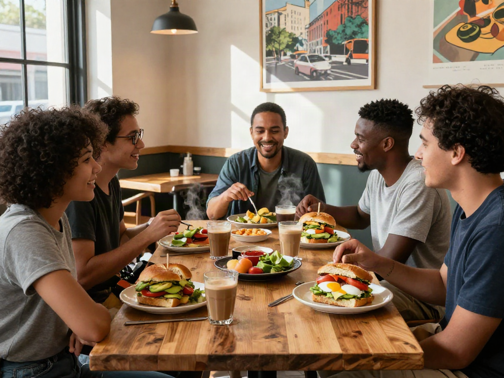 Best breakfast Austin scene with vibrant NYC-inspired sandwiches and happy friends enjoying breakfast.