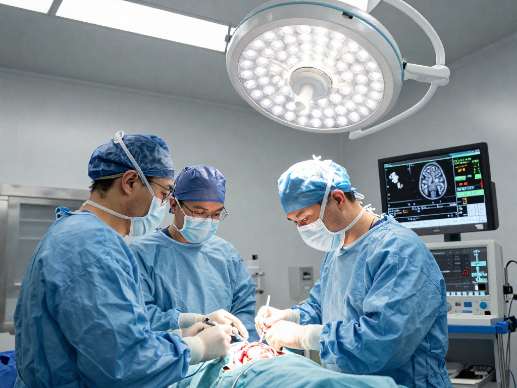 beyin tümörü ameliyatı performed by a skilled neurosurgeon in a bright surgical environment, showcasing teamwork and technology.