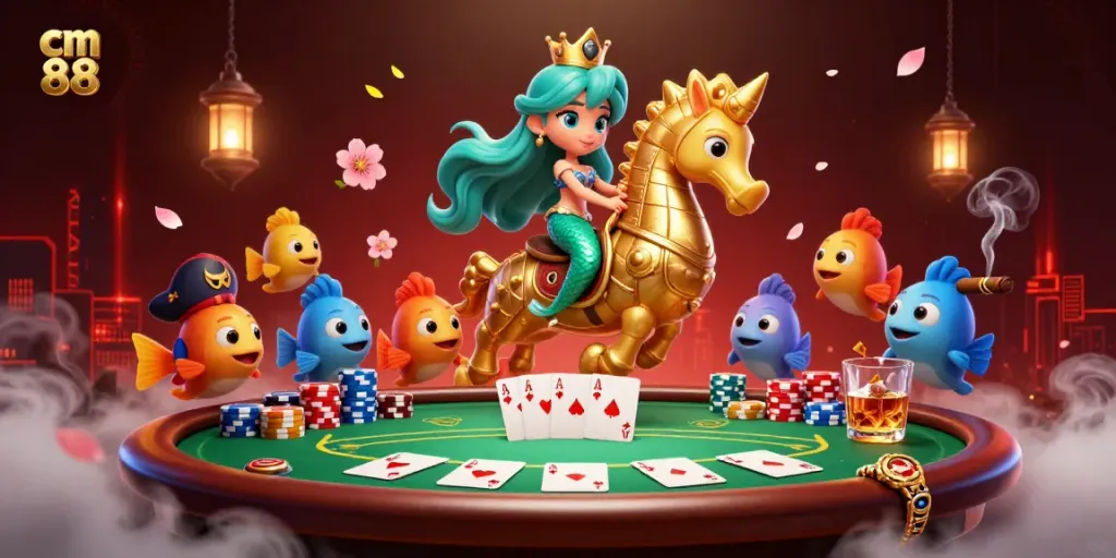 Experience high-stakes poker at cm 88 with a colorful mermaid and seahorse in a vibrant casino scene.