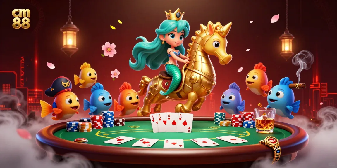 Experience high-stakes poker at cm 88 with a colorful mermaid and seahorse in a vibrant casino scene.
