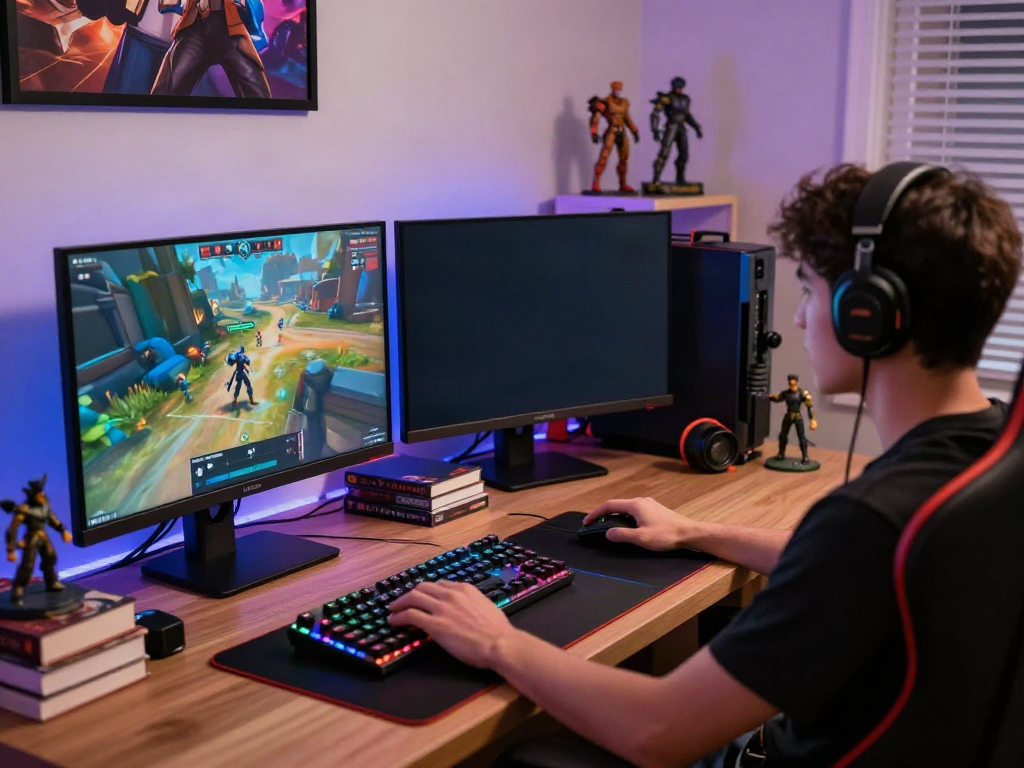 Player engaging in ahha4d online gaming with desktop setup showing vibrant graphics and gaming peripherals.