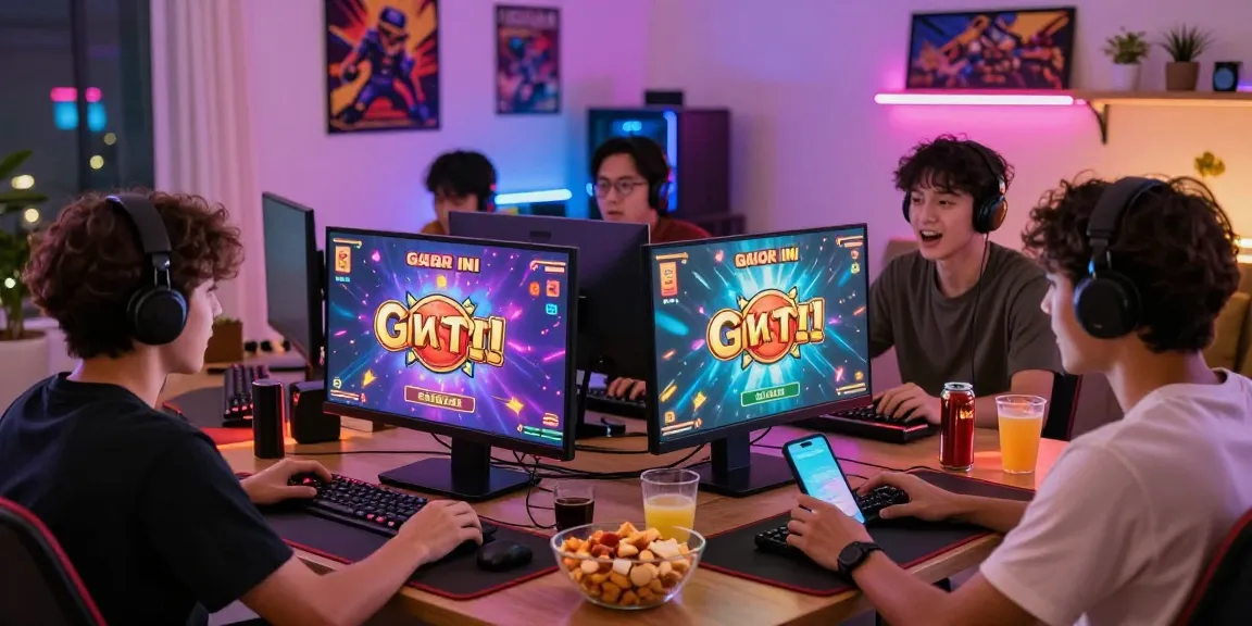 Experience slot gacor hari ini with excited players enjoying online gaming in a vibrant home setting.