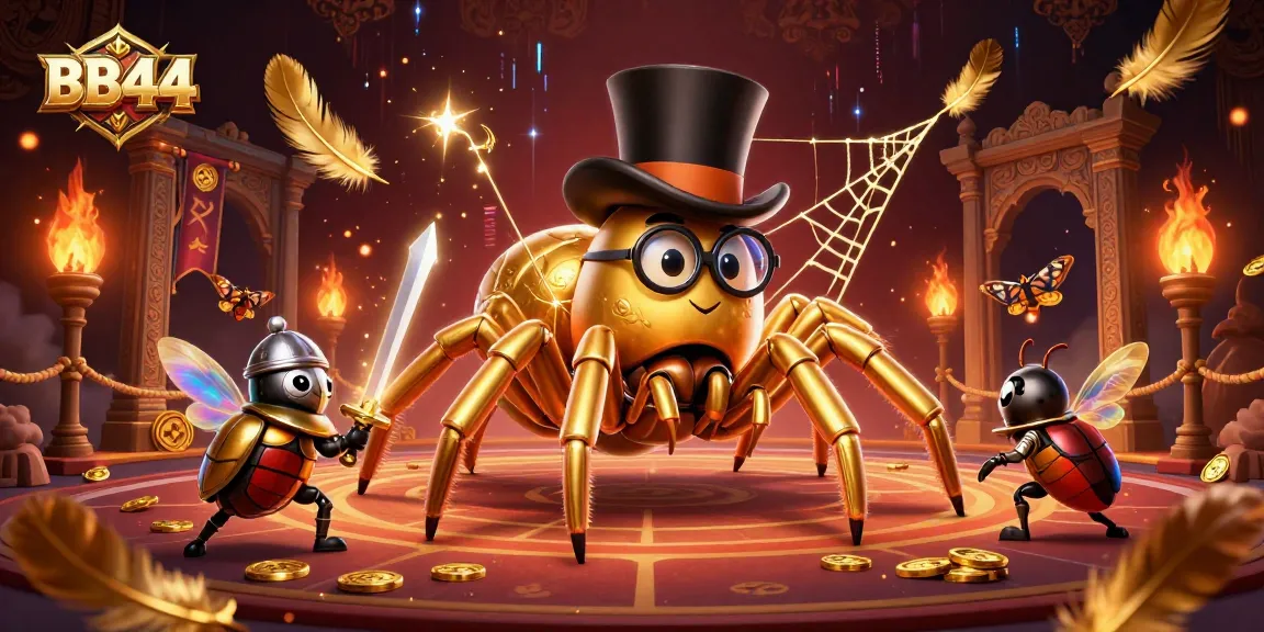 Experience BB44's thrilling casino adventure with a golden tarantula and beetle knight in an action-packed scene.