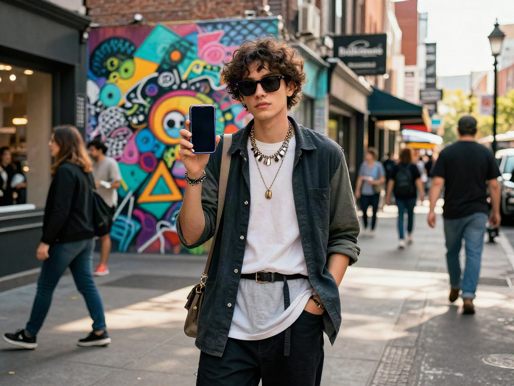 Fashionisk .com urban fashion scene with stylish individual against vibrant street art