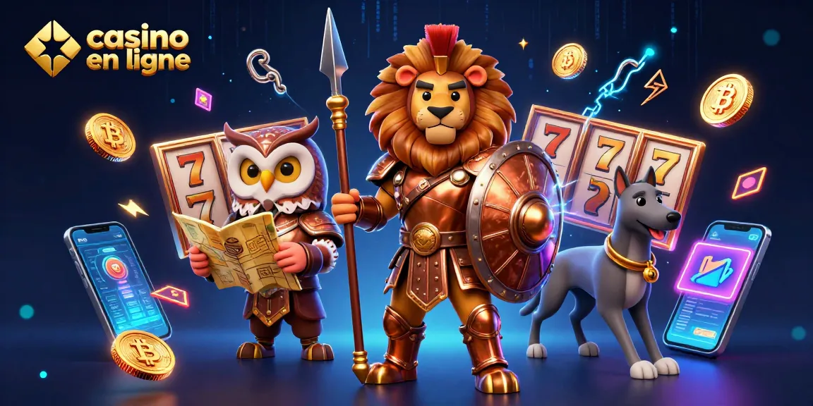 Participez aux sensations des casinos en ligne avec un lion spartiate héroïque, un hibou stratège et une mascotte de greyhound parmi des éléments de jeu vibrants.