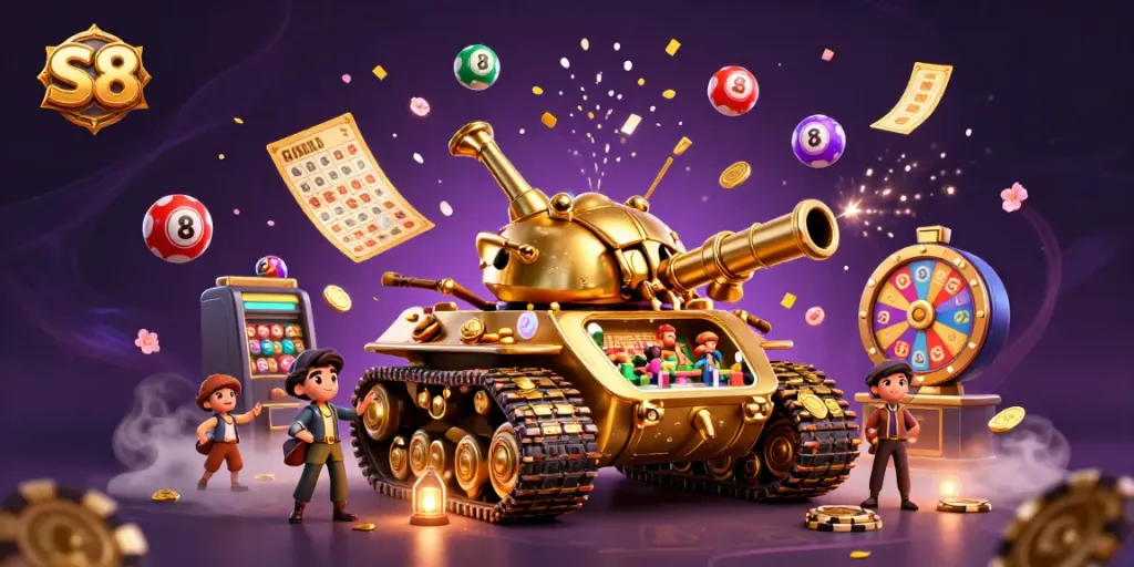 S8 invites you to experience dynamic gameplay with a golden beetle casino, confetti, and lottery elements.