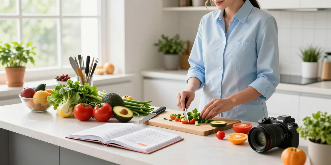 Nutritionist sharing health tips while preparing a colorful meal in a bright kitchen.