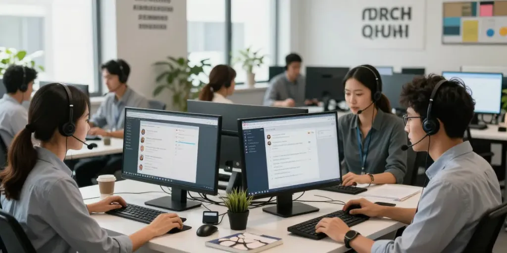 Live chat representatives engaging with clients in a modern tech support center, showcasing collaboration and customer service.