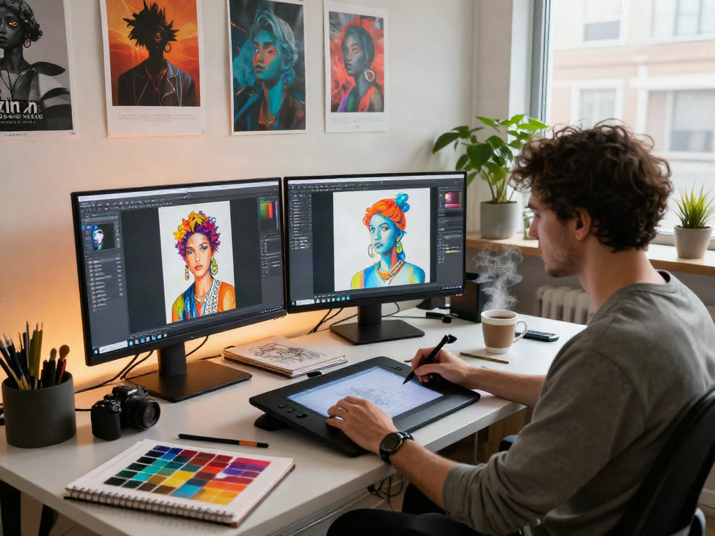 Creative studio scene showcasing nsfw ai art creation process, with digital tools and artworks.