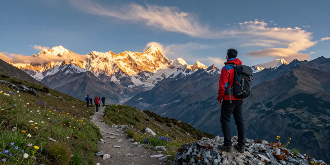 Manaslu Trek traveler admiring sunrise over the Himalayas, breathtaking mountain landscape, adventure scene