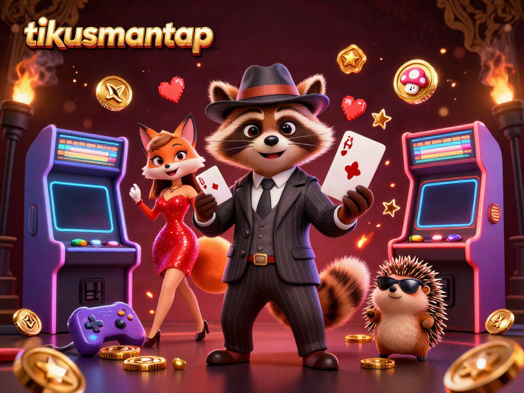 Experience the thrill with tikusmantap as a raccoon flaunts a royal flush amidst vibrant casino elements.