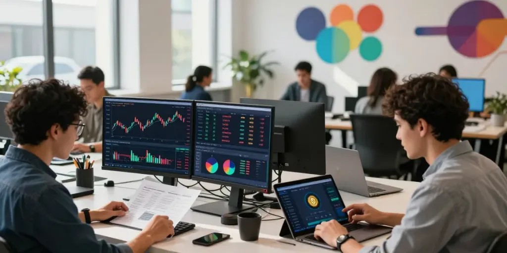 Real-time 股票API trading environment showing professionals analyzing cryptocurrency data with advanced tech setups.
