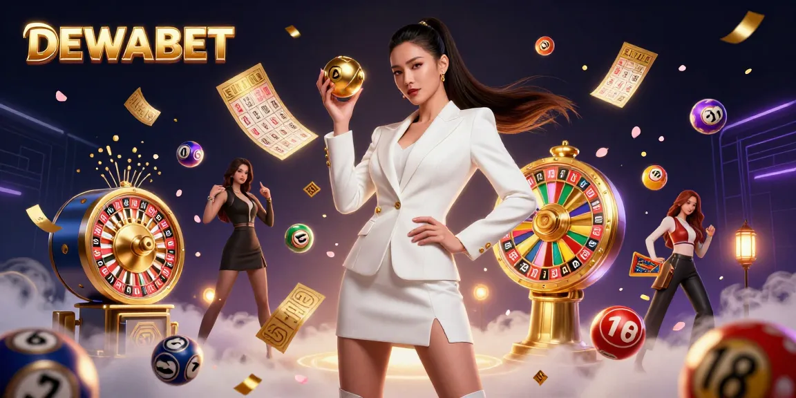 Experience the excitement of DEWABET with a stunning visual of a confident woman holding a golden roulette ball amidst dynamic casino elements.