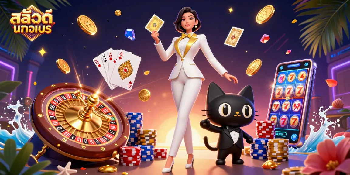 Engage in สล็อตทดลอง gameplay with stunning visuals of a glamorous dealer and an animated cat, surrounded by casino elements.