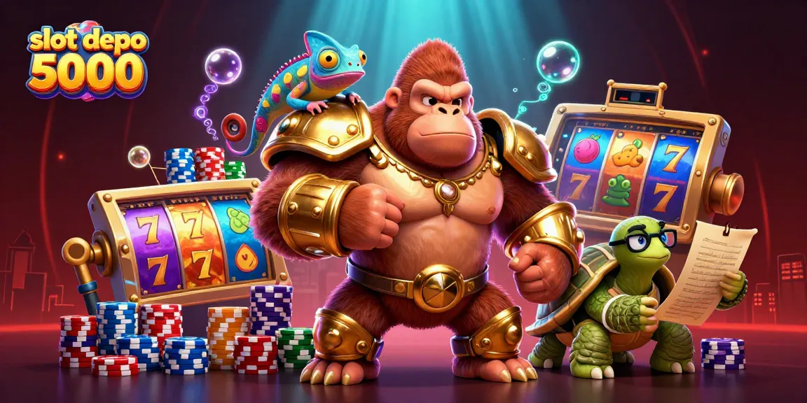 Slot depo 5000 casino scene with gorilla king, chameleon, and tortoise amidst vibrant slot elements, showcasing thrilling gameplay.