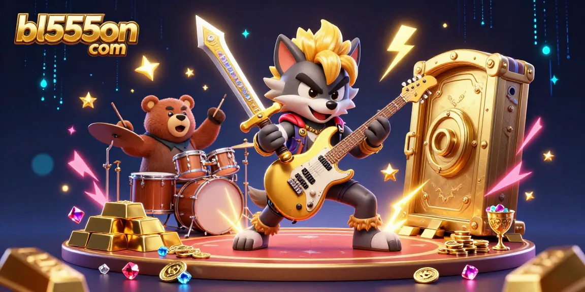 Experience jackpot excitement at bl555on com with a vibrant 3D illustration of a rock star wolf and treasures.