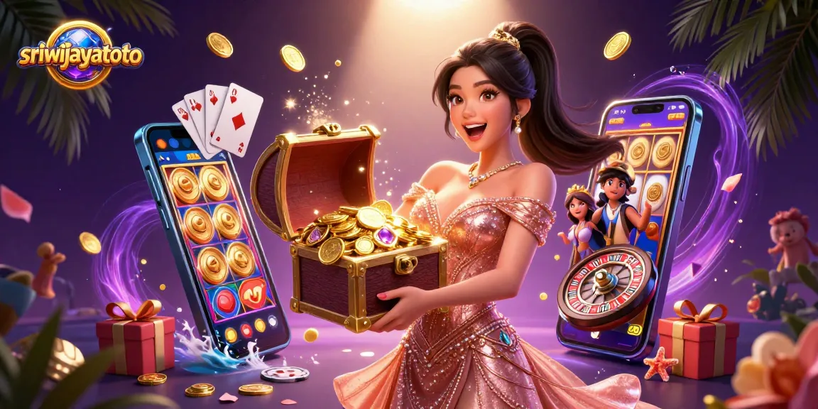 Sriwijayatoto themed vibrant casino illustration showcasing gameplay excitement with golden coins and treasures.