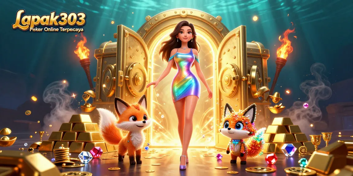 Experience excitement with Lapak303 Poker Online Terpercaya, featuring vibrant casino elements and a dynamic scene.