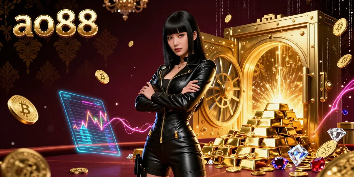 Experience the thrill of ao88 in this vibrant casino scene, featuring gold coins and captivating neon visuals.