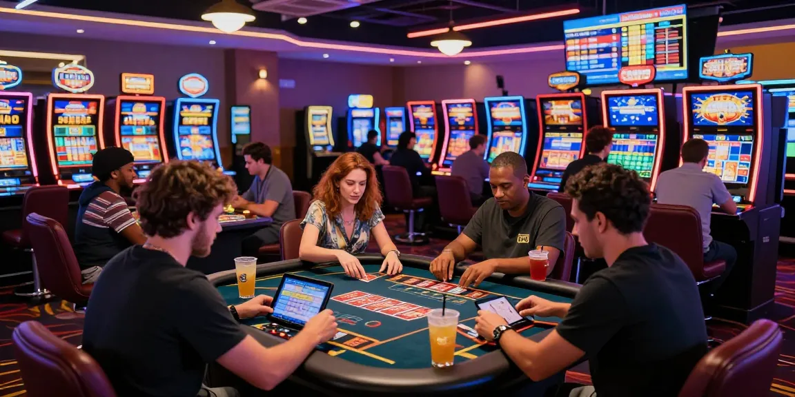 Scène de casino en ligne avec des joueurs divers engagés dans des jeux en ligne, mettant en avant des machines à sous passionnantes et une atmosphère vibrante.