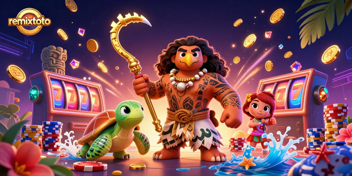 Engage with remixtoto's vibrant slots through a dynamic 3D casino scene featuring animated coins and characters.