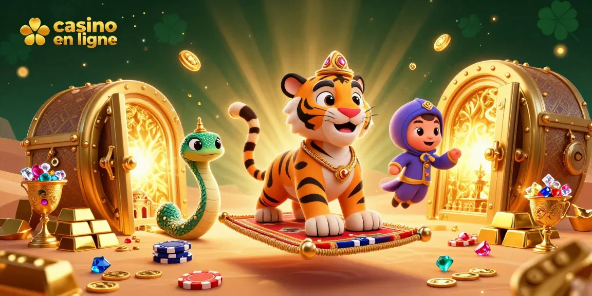 Découvrez des jeux palpitants au casino en ligne avec notre illustration 3D dynamique mettant en avant des trésors et de l'excitation.