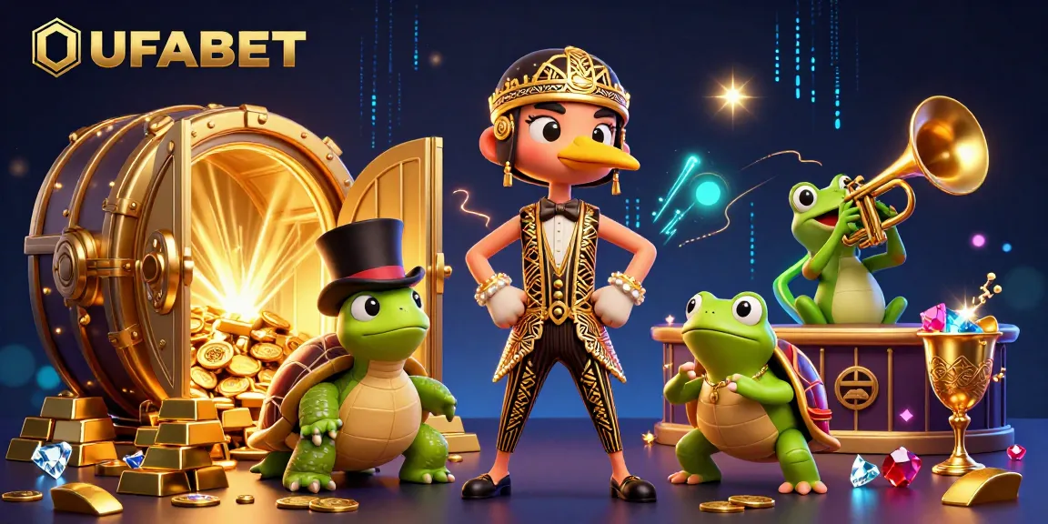 Bet on UFABET with lively 3D characters celebrating at a glamorous casino illustration.