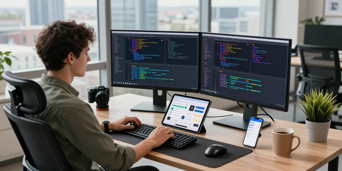 Dynamic workspace showcasing kobold ai developer engaging with cutting-edge AI projects on dual monitors.