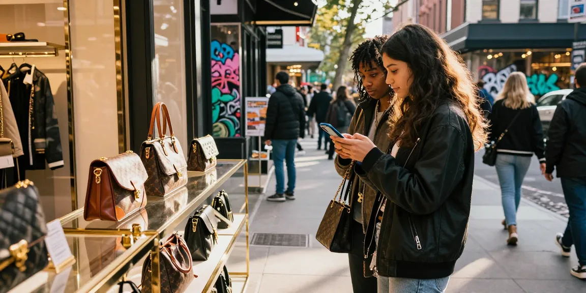Shopper exploring a trendy 레플리카 쇼핑몰 with stylish streetwear and luxury accessories.