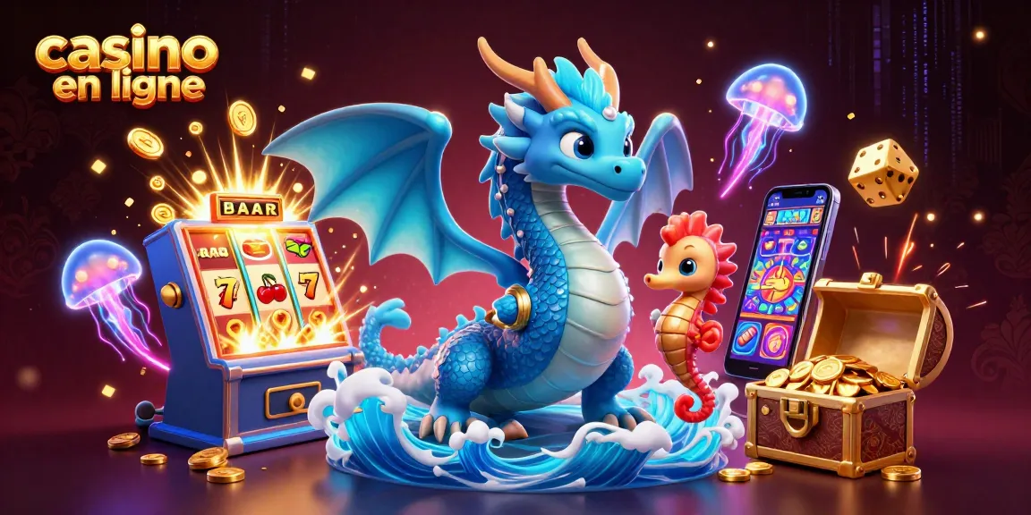 Vivez l'excitation du casino en ligne avec une scène vibrante et dynamique mettant en vedette un dragon aquatique et des éléments de jackpot.