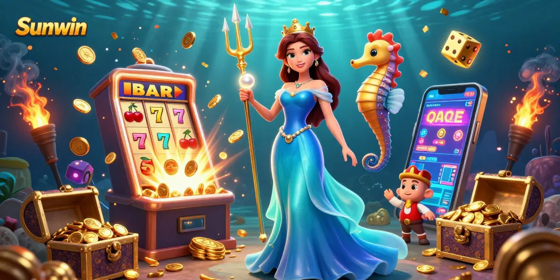 Play exciting casino games at Sunwin with a vibrant underwater scene featuring slot machines and treasures.