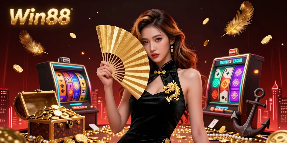 Win88 showcases a stunning casino illustration with an elegant Asian woman amongst vibrant gambling elements, evoking excitement.