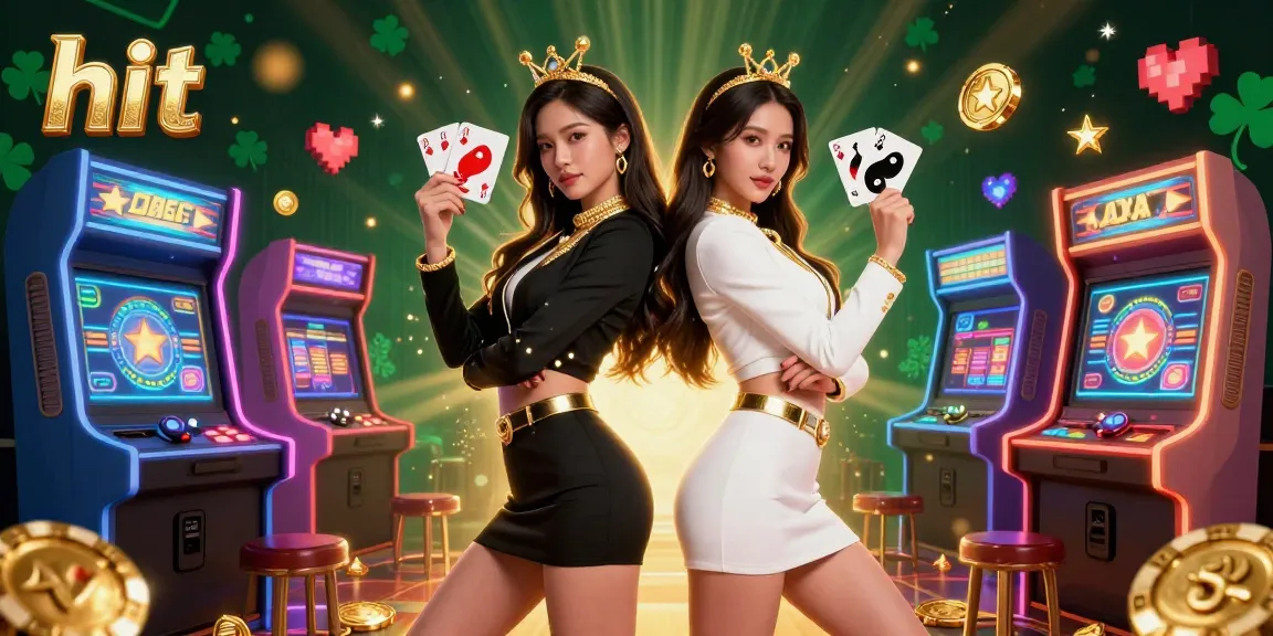 Play hit with stunning twin Asian women holding cards in vibrant, casino-themed illustration.