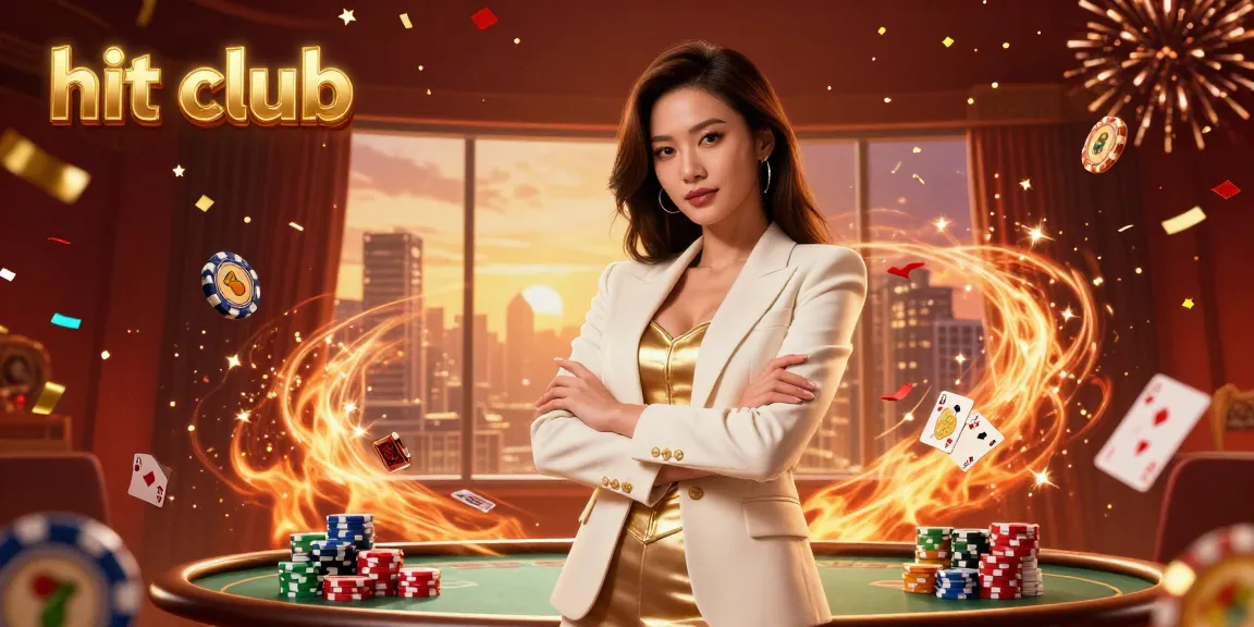 Engage in the vibrant hit club casino experience with slot reels, golden cards, and celebratory elements.