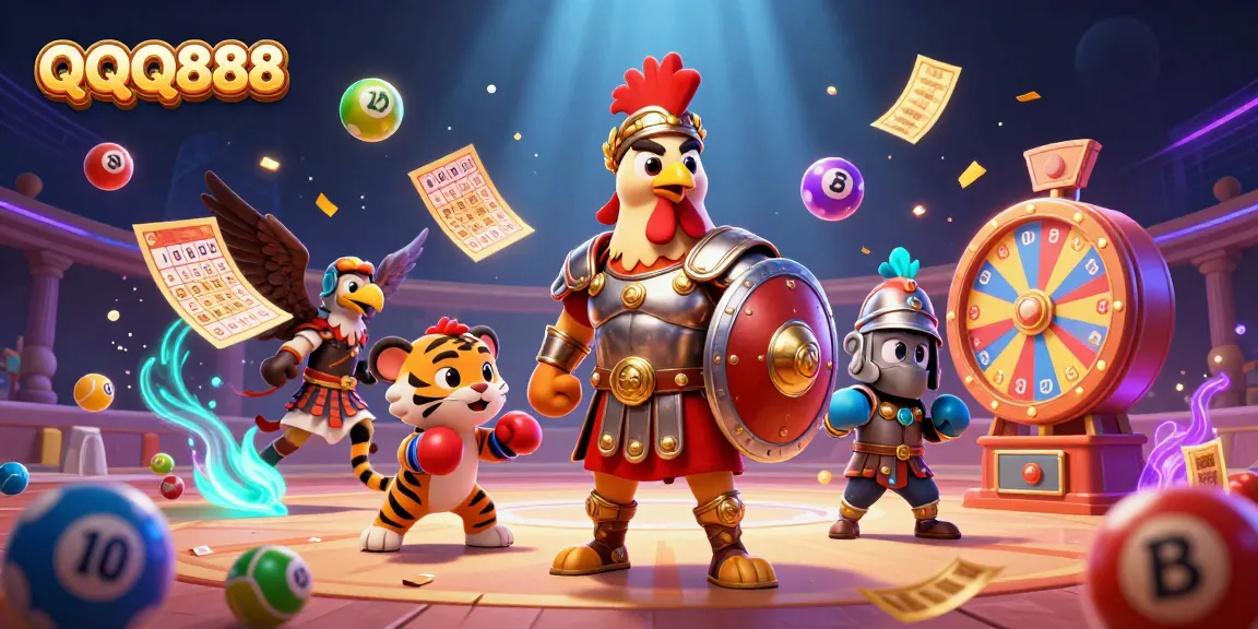 Experience thrilling jackpots with QQQ888 in a vibrant online casino illustration featuring colorful lottery games.