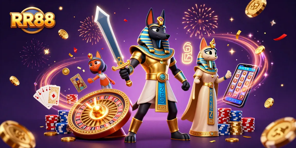 Engage with RR88's vibrant casino scene featuring Anubis, Bastet, and dazzling casino elements.